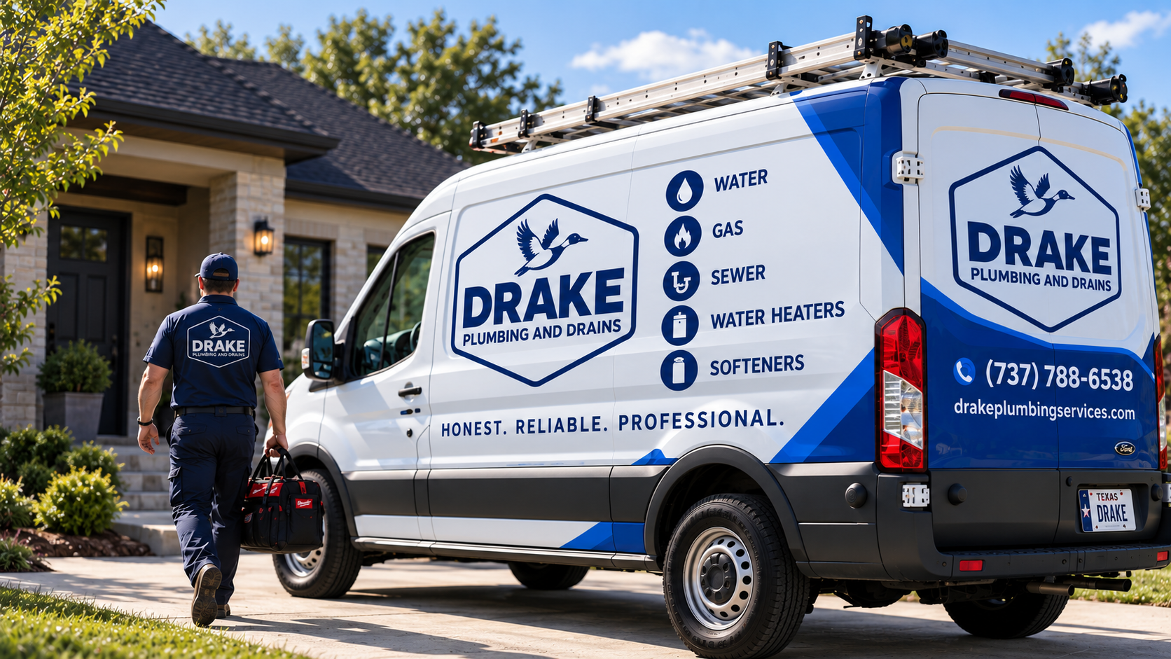 A Drake Plumbing and Drains service van in a home driveway as a uniformed technician walks up with tools